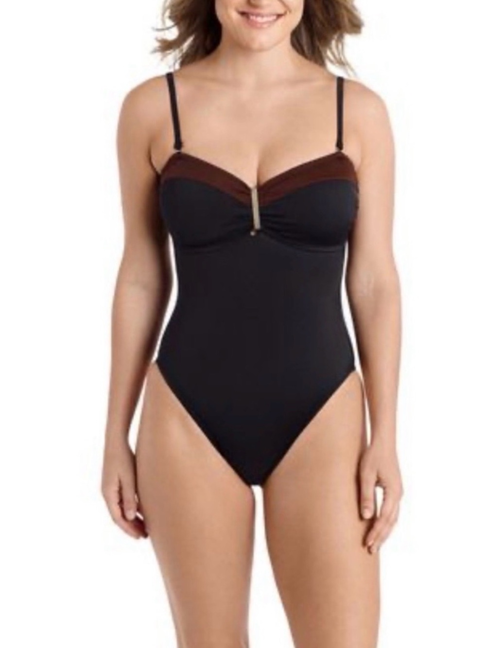 Sofia by Sofia Vergara Black W/Brown Trim Bandeau One-Piece Swimsuit